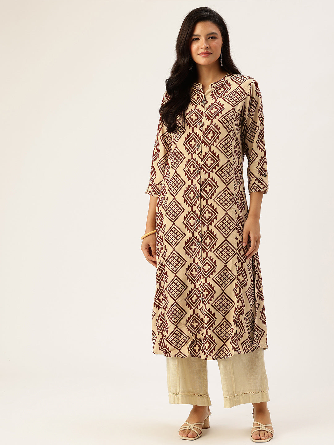 Beige Geometric Printed A - Line Kurta
