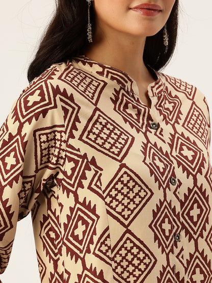 Beige Geometric Printed A - Line Kurta