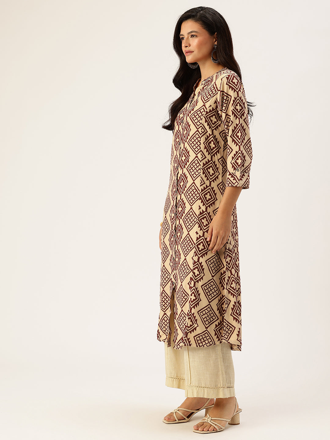 Beige Geometric Printed A - Line Kurta