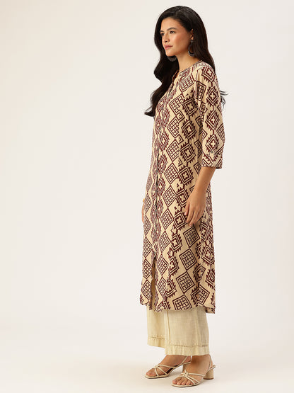 Beige Geometric Printed A - Line Kurta