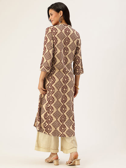 Beige Geometric Printed A - Line Kurta