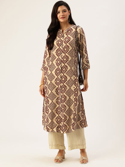 Beige Geometric Printed A - Line Kurta