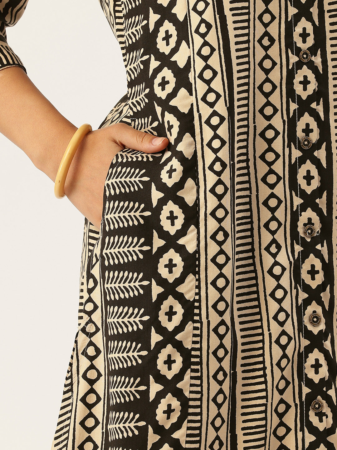 Beige & Black Geometric Printed A - Line Kurta