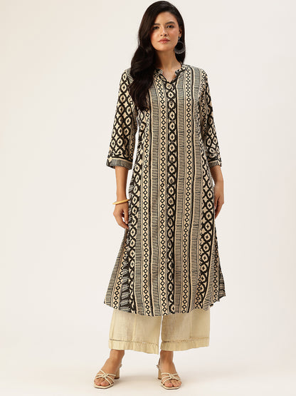 Beige & Black Geometric Printed A - Line Kurta