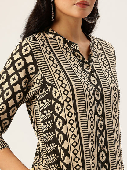 Beige & Black Geometric Printed A - Line Kurta