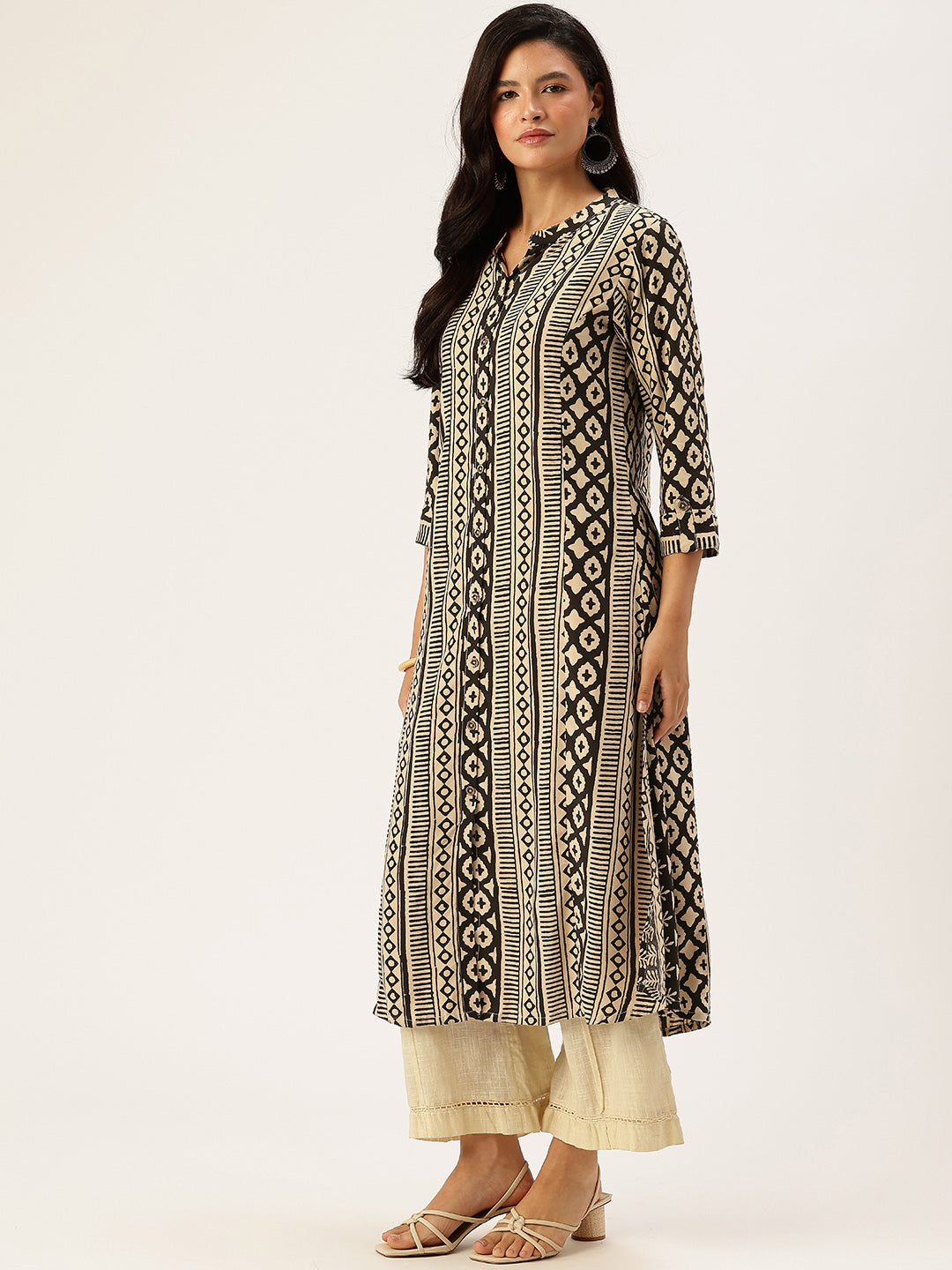 Beige & Black Geometric Printed A - Line Kurta