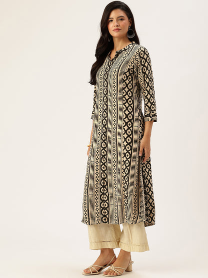 Beige & Black Geometric Printed A - Line Kurta