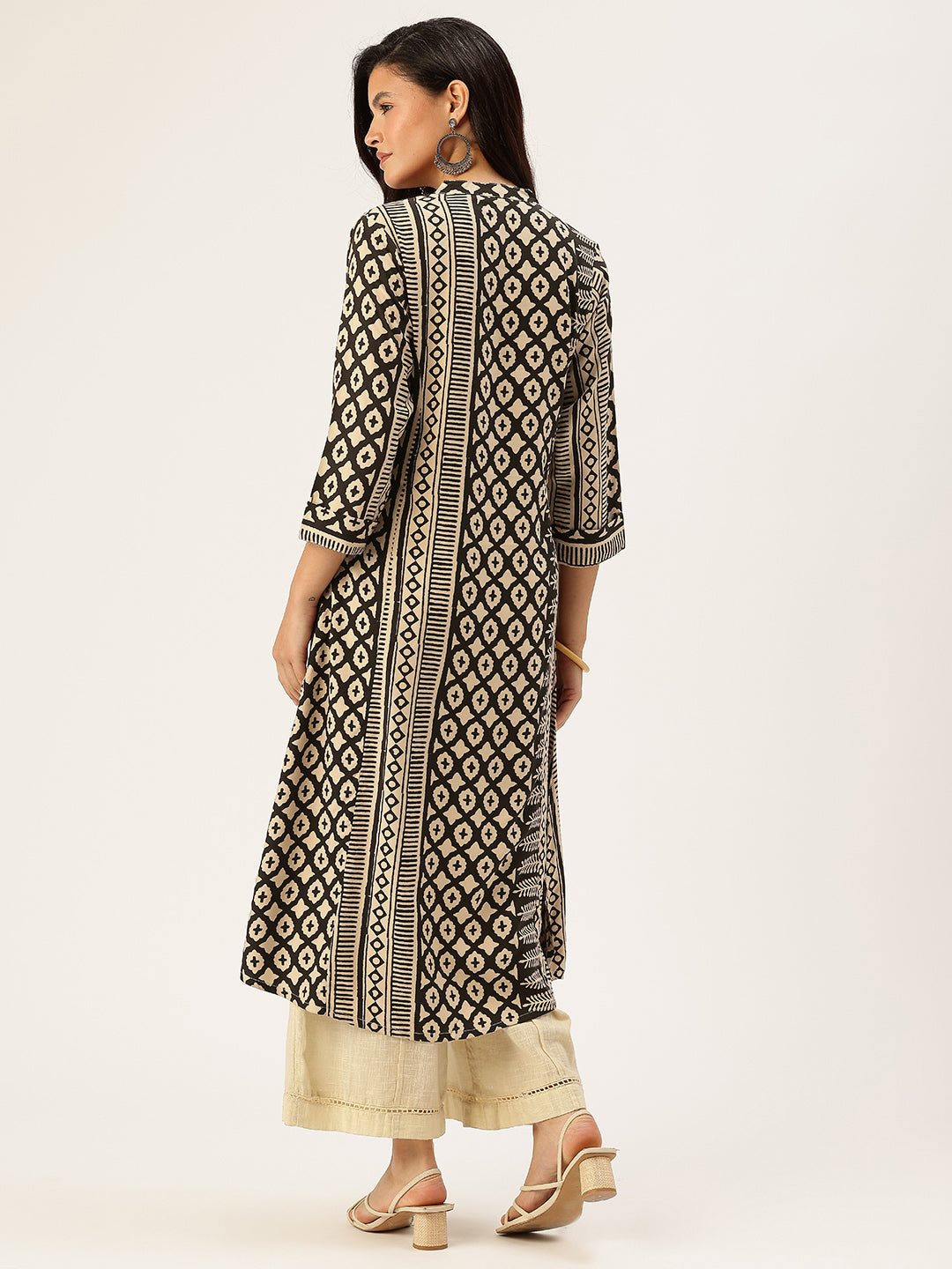 Beige & Black Geometric Printed A - Line Kurta
