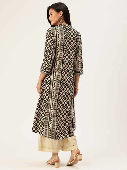 Beige & Black Geometric Printed A - Line Kurta