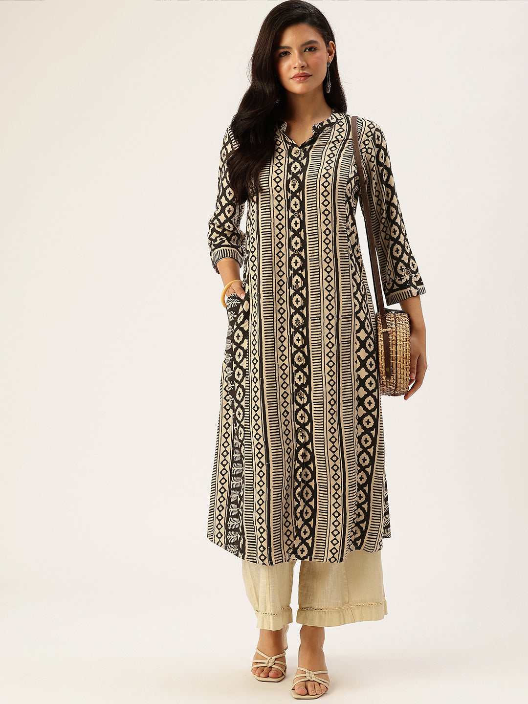 Beige & Black Geometric Printed A - Line Kurta