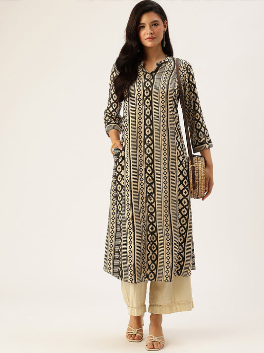 Beige & Black Geometric Printed A - Line Kurta