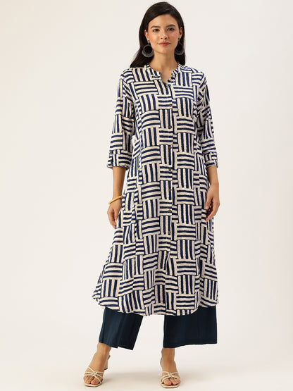 Beige Box Striped Printed A - Line Kurta