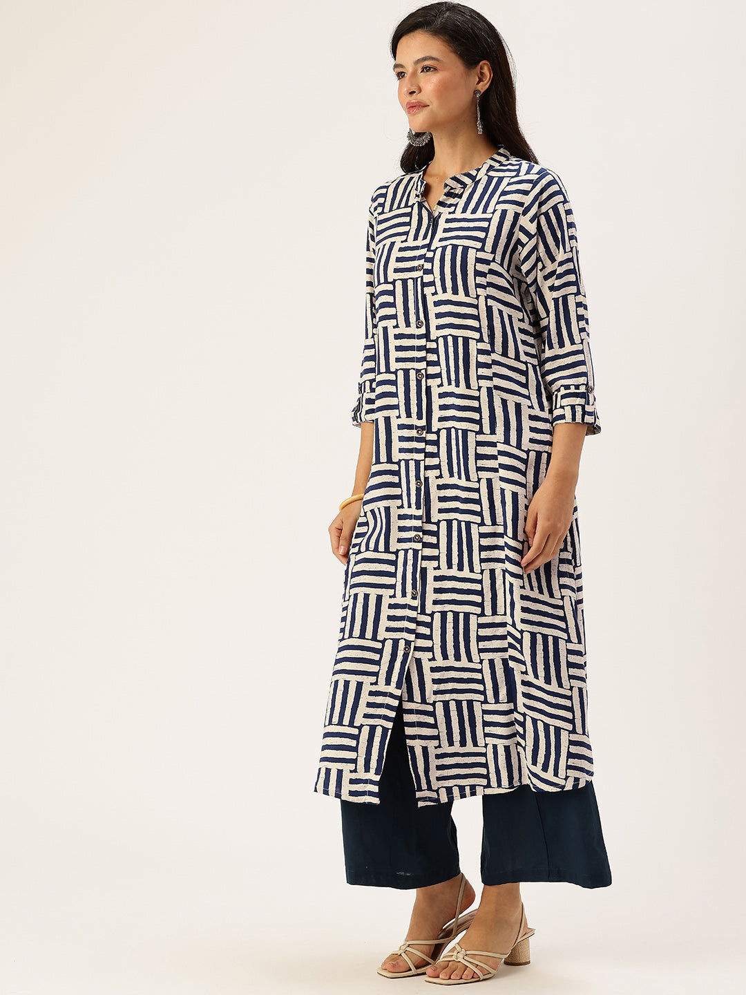Beige Box Striped Printed A - Line Kurta