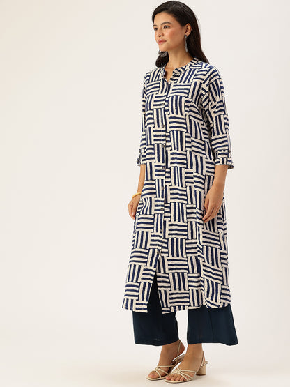 Beige Box Striped Printed A - Line Kurta