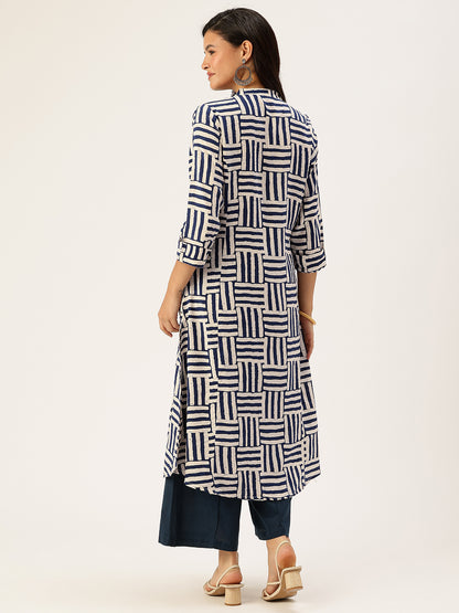 Beige Box Striped Printed A - Line Kurta