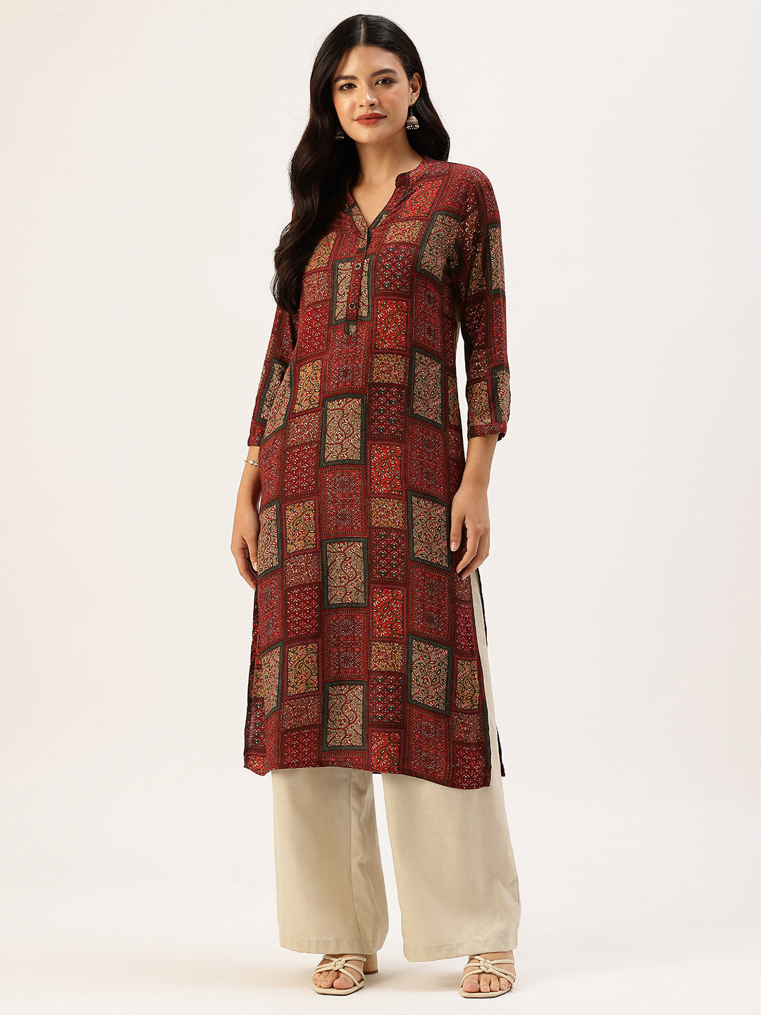 Red Box Printed A - Line Kurta