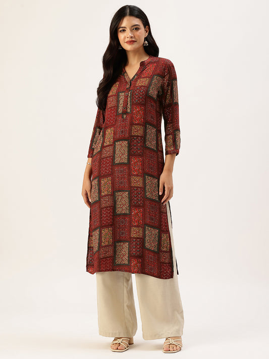 Red Box Printed A - Line Kurta