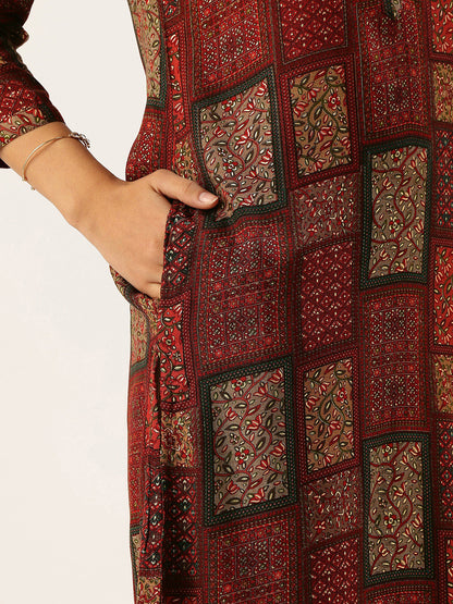 Red Box Printed A - Line Kurta