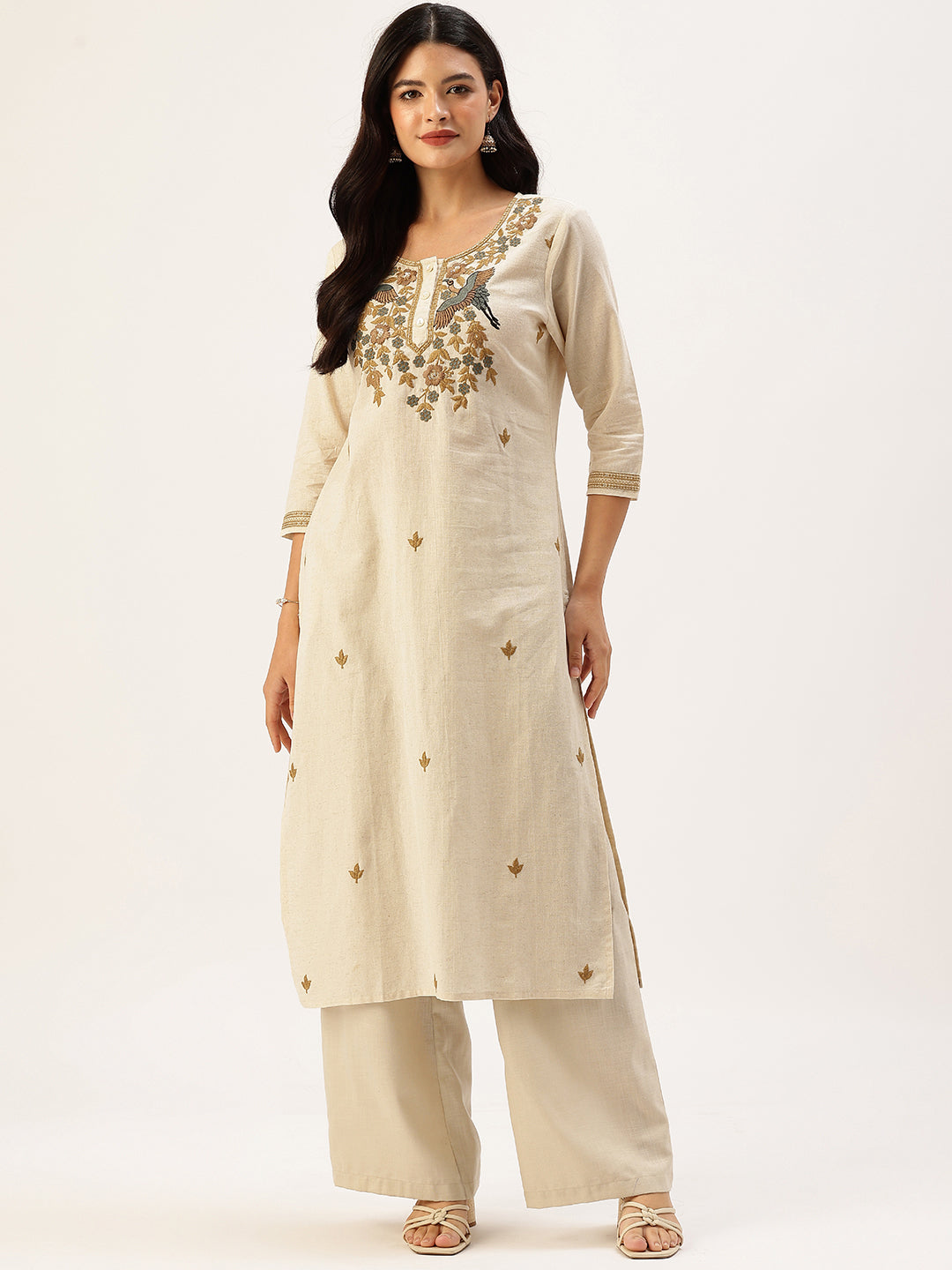 Beige Peacock  Embroidered Straight Kurta