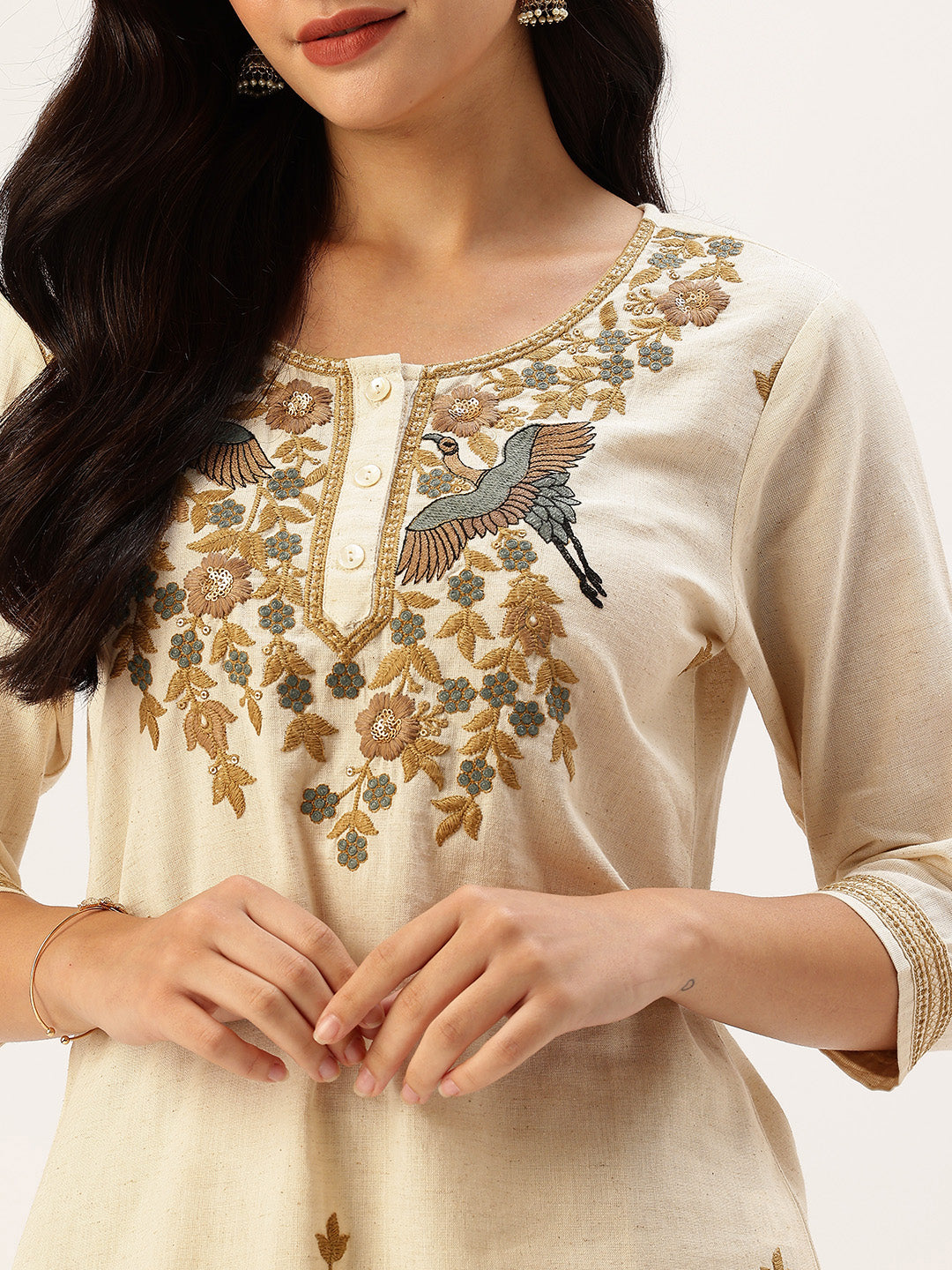 Beige Peacock  Embroidered Straight Kurta