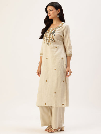 Beige Peacock  Embroidered Straight Kurta