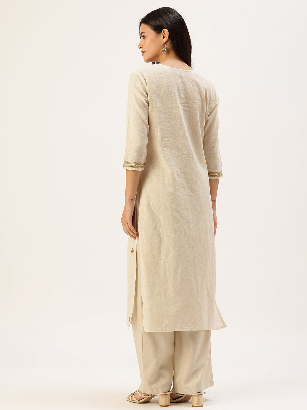 Beige Peacock  Embroidered Straight Kurta