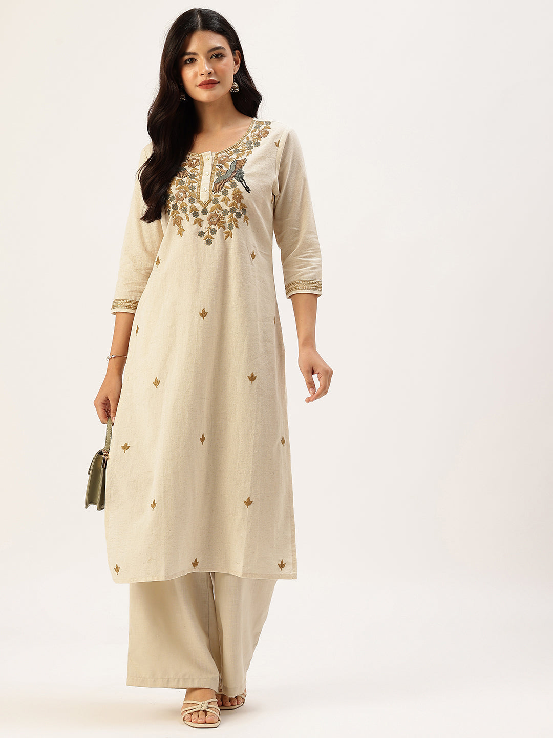 Beige Peacock  Embroidered Straight Kurta