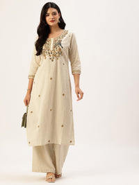 Beige Peacock  Embroidered Straight Kurta