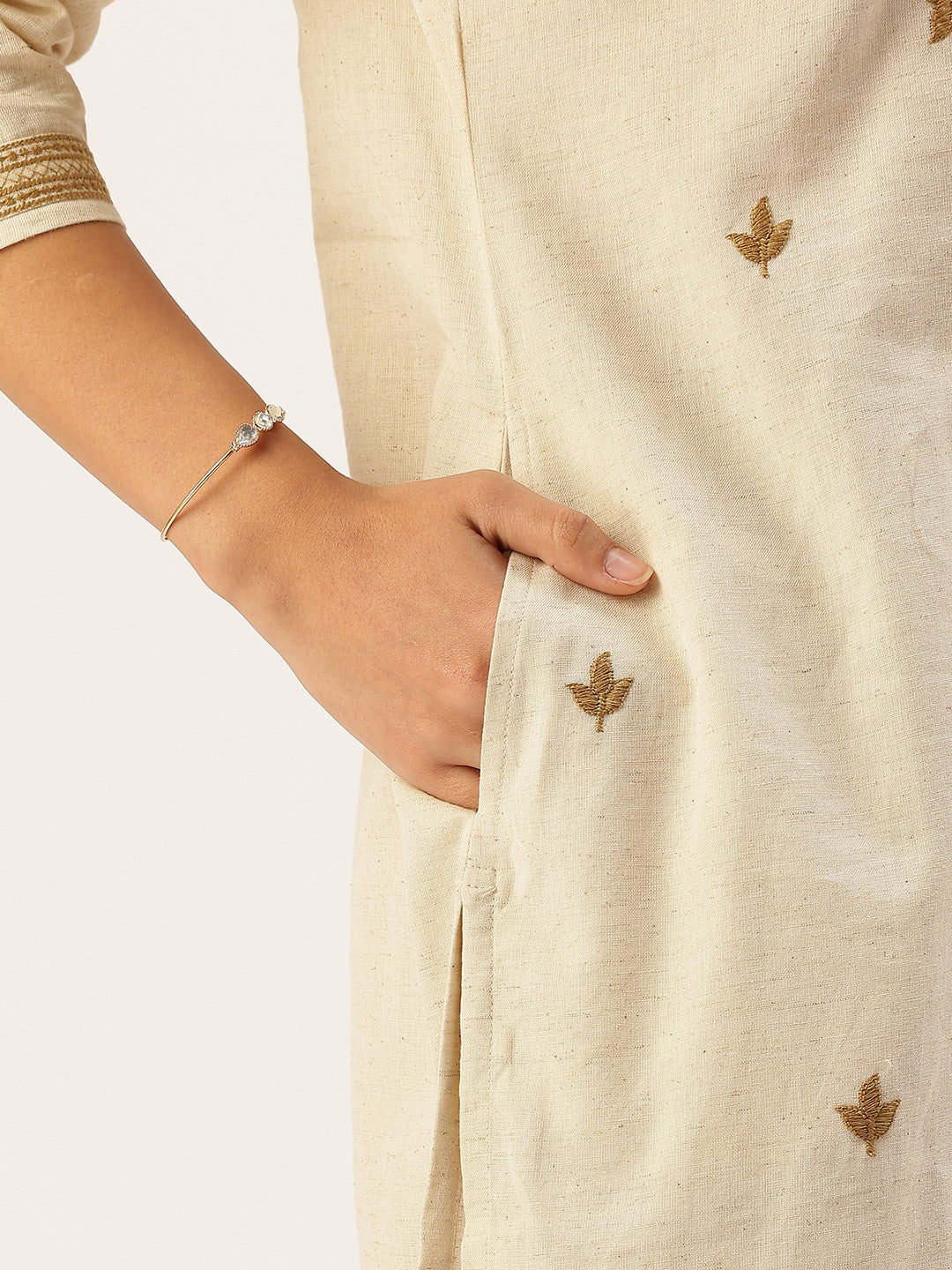 Beige Peacock  Embroidered Straight Kurta