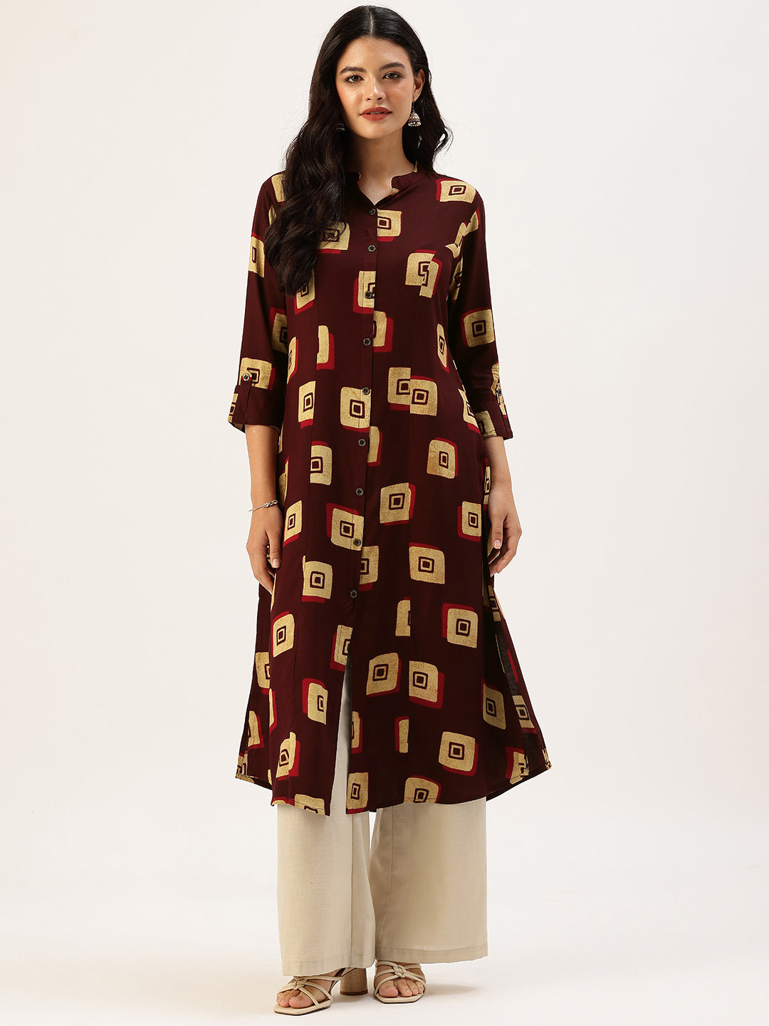 Wine Square Printed A - Line Kurta