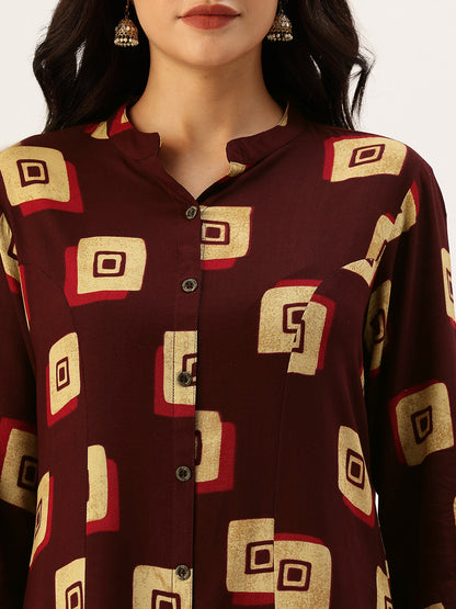 Wine Square Printed A - Line Kurta