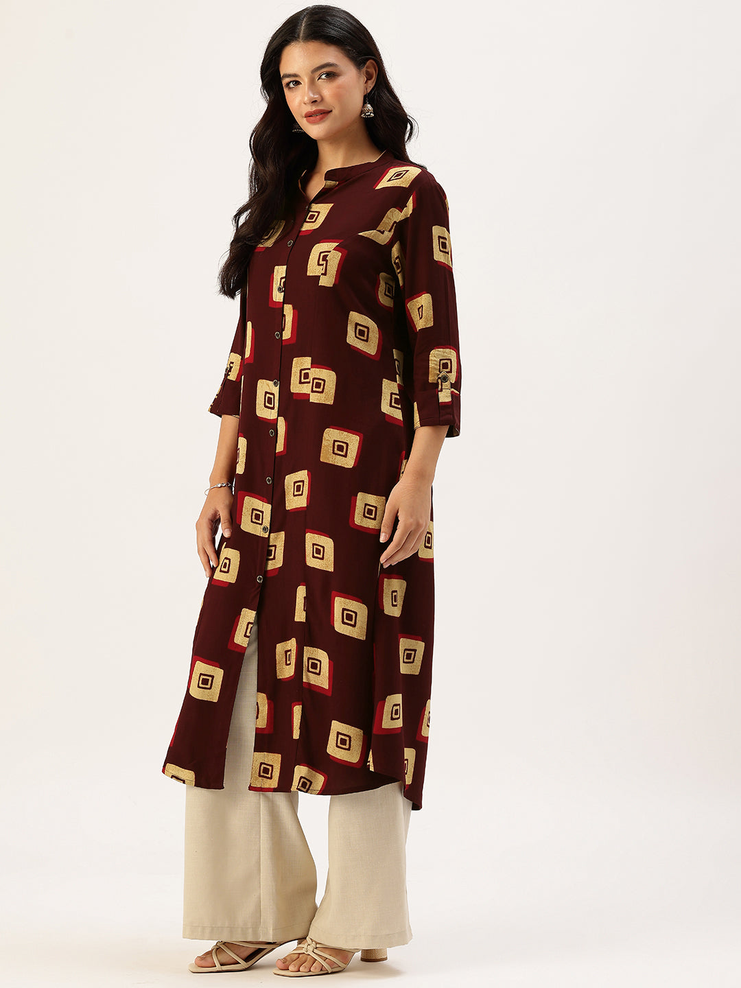 Wine Square Printed A - Line Kurta