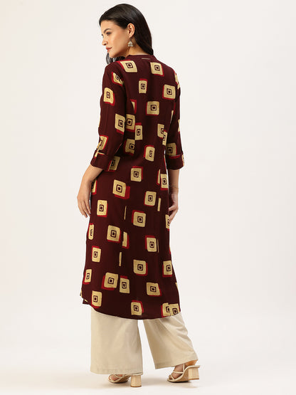Wine Square Printed A - Line Kurta