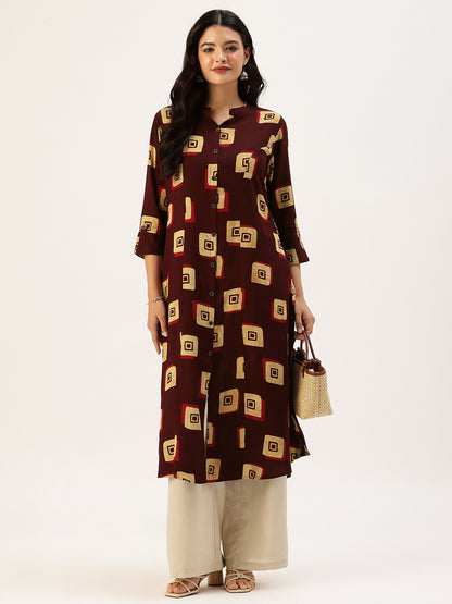 Wine Square Printed A - Line Kurta