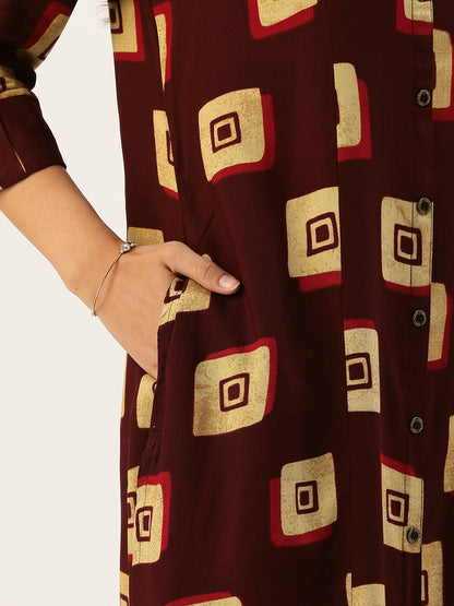 Wine Square Printed A - Line Kurta