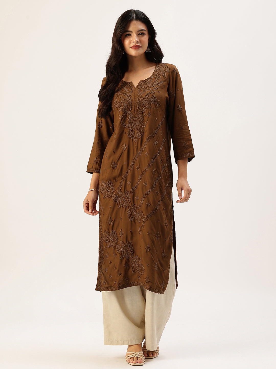 Brown Floral Embroidered Straight Kurta