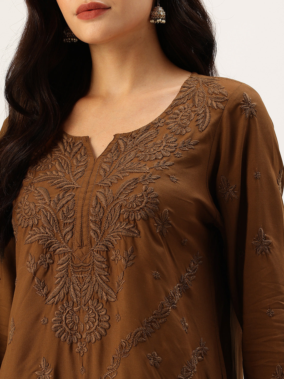 Brown Floral Embroidered Straight Kurta