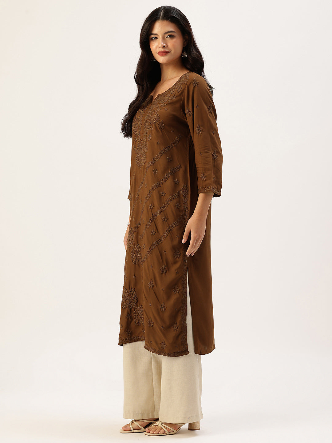 Brown Floral Embroidered Straight Kurta