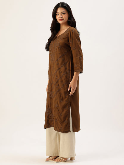 Brown Floral Embroidered Straight Kurta