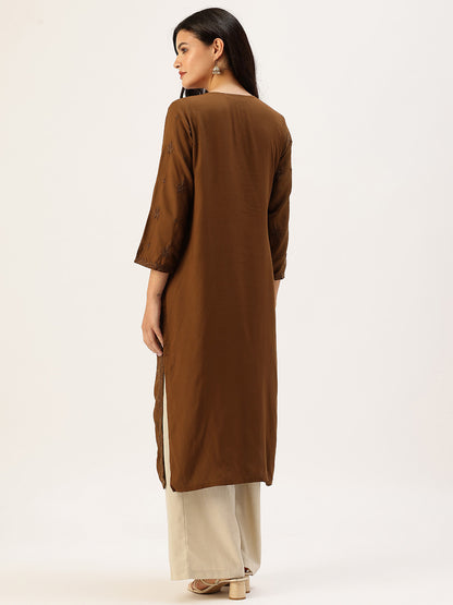 Brown Floral Embroidered Straight Kurta