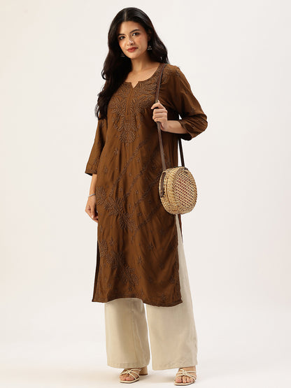Brown Floral Embroidered Straight Kurta