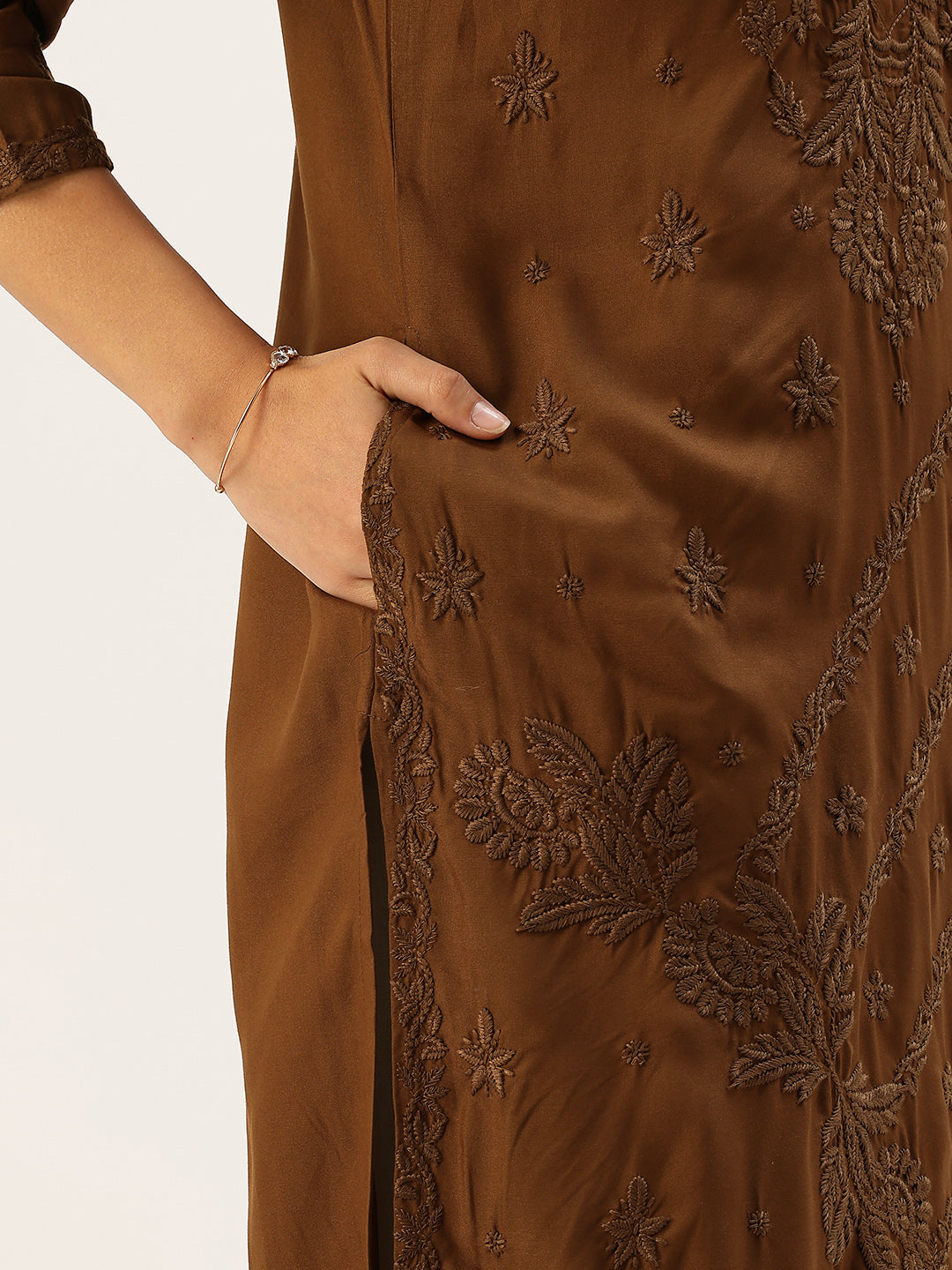 Brown Floral Embroidered Straight Kurta