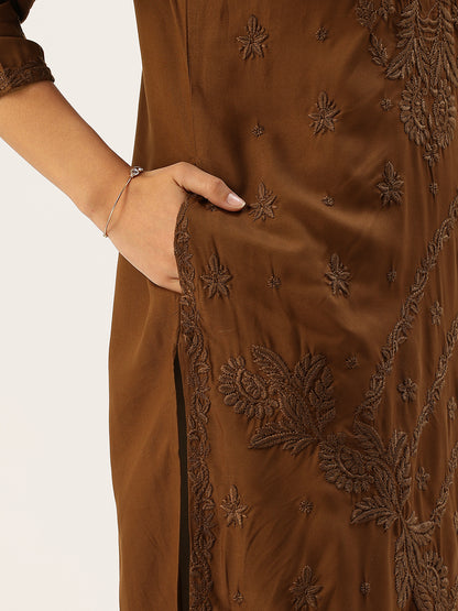 Brown Floral Embroidered Straight Kurta