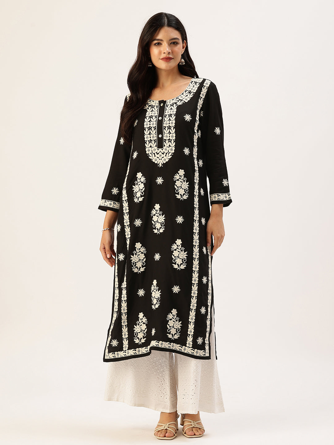 Black Chikankari Floral Embroidered Straight Kurta