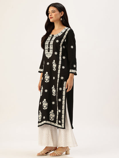 Black Chikankari Floral Embroidered Straight Kurta