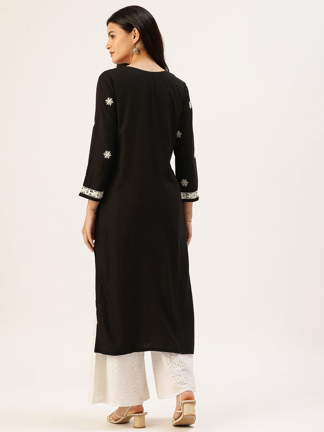 Black Chikankari Floral Embroidered Straight Kurta