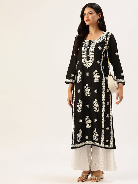 Black Chikankari Floral Embroidered Straight Kurta