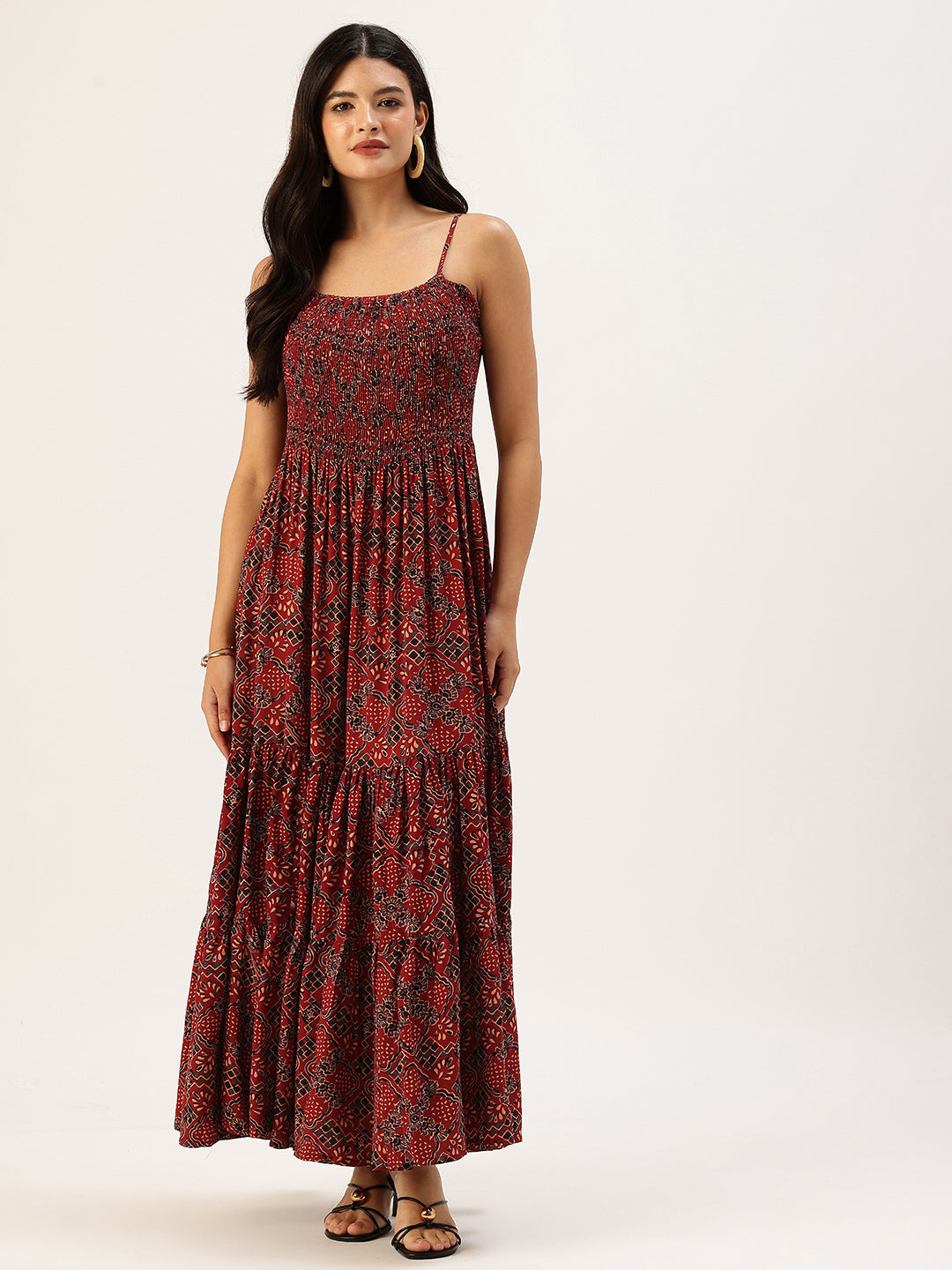 Maroon Jaal Printed Fit & Flare Midi Dress