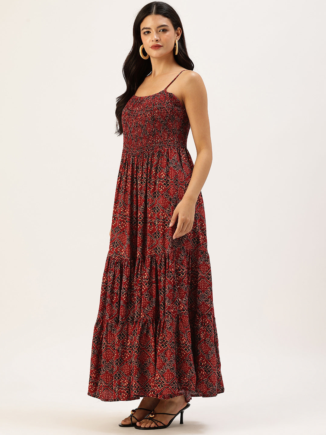 Maroon Jaal Printed Fit & Flare Midi Dress