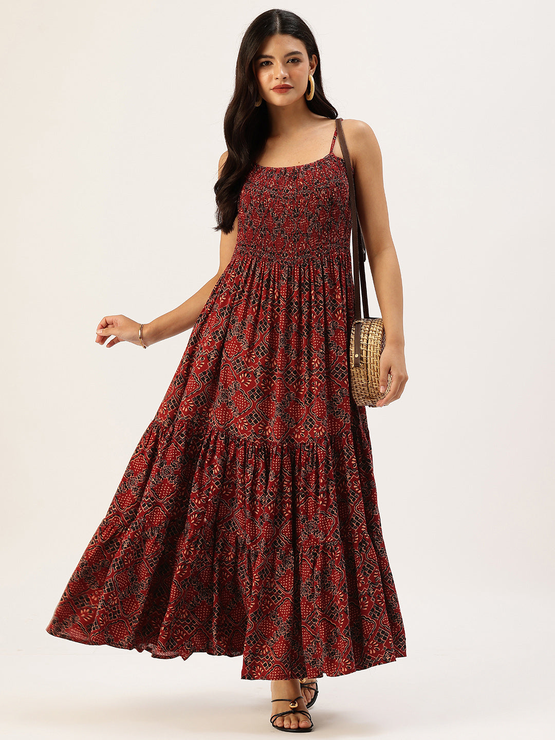 Maroon Jaal Printed Fit & Flare Midi Dress